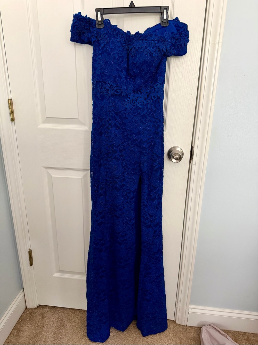Sequin Hearts Royal Blue Off Shoulder Lace Prom Dress Size 1